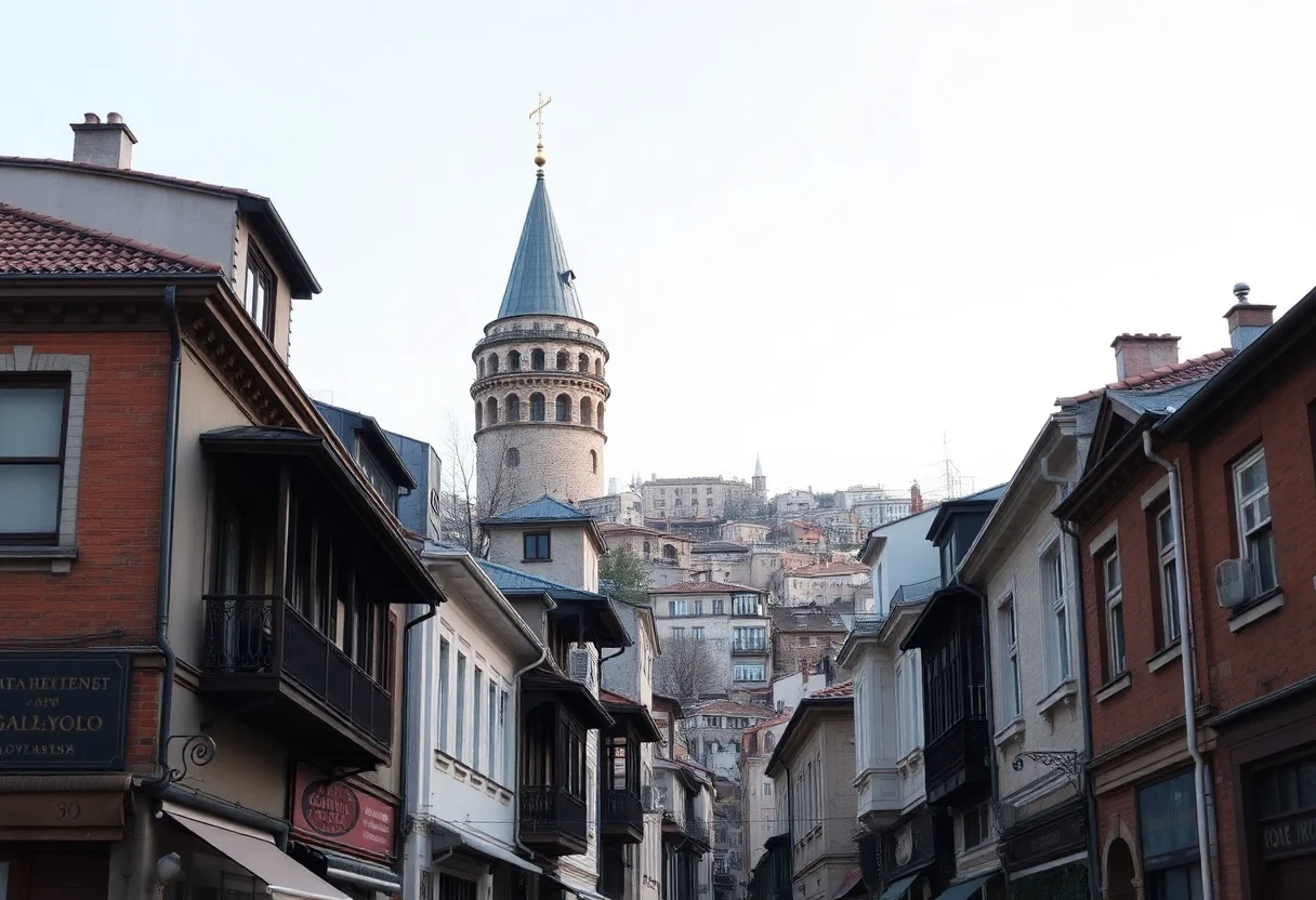 A characteristic view of Galata Tower and the historic streets of Beyoglu, Istanbul.