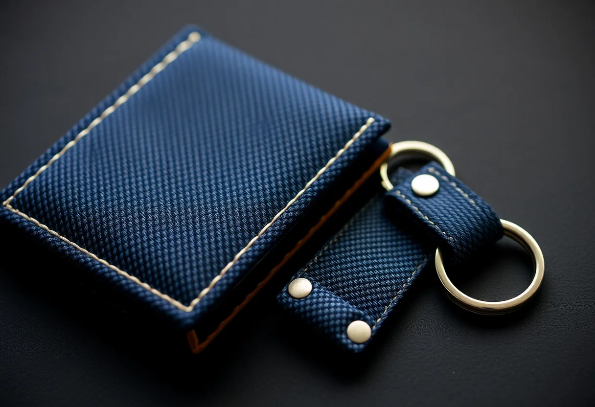 A close-up of a wallet and a keychain, both made from dark wash denim.