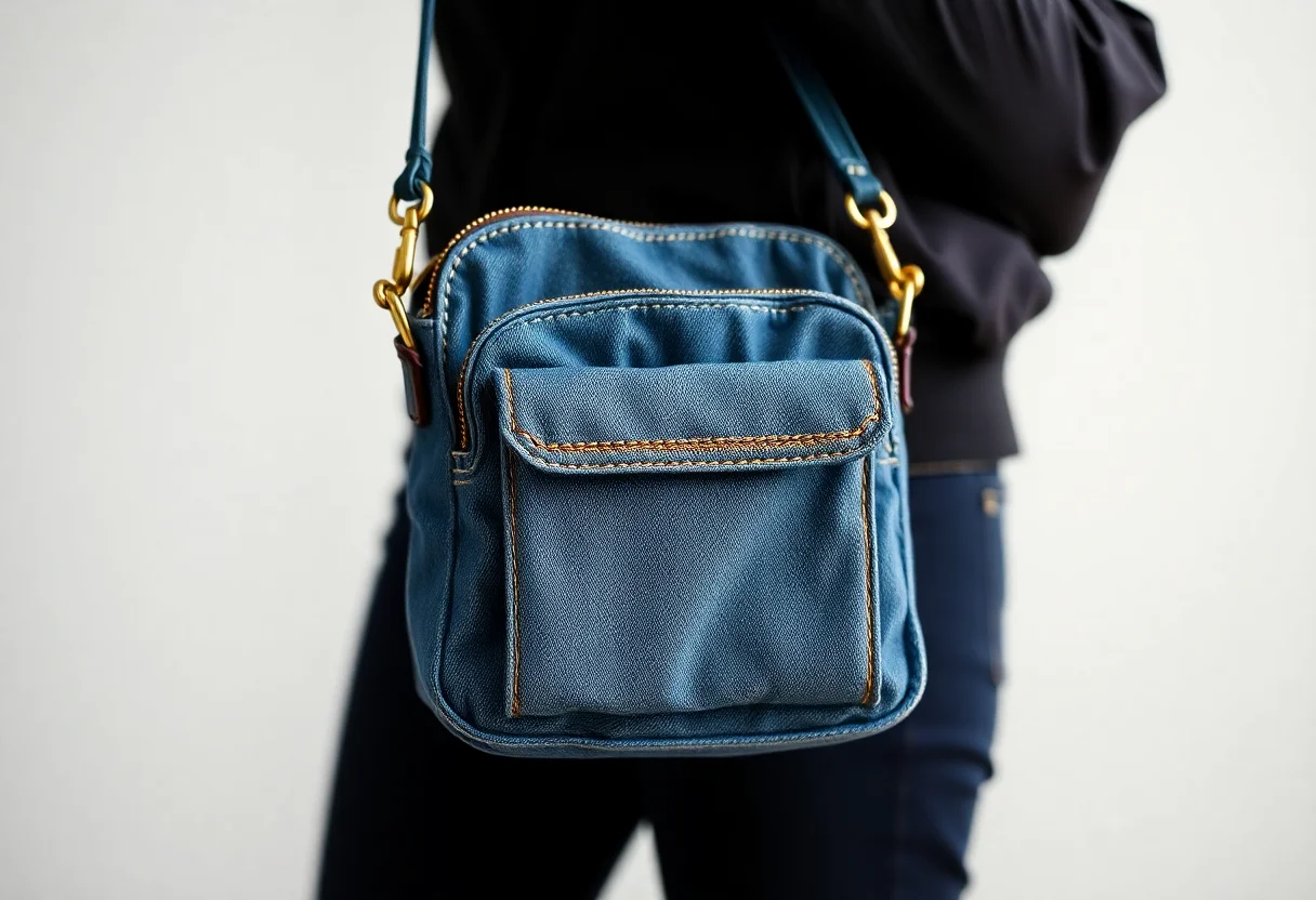 A compact and stylish denim crossbody bag.