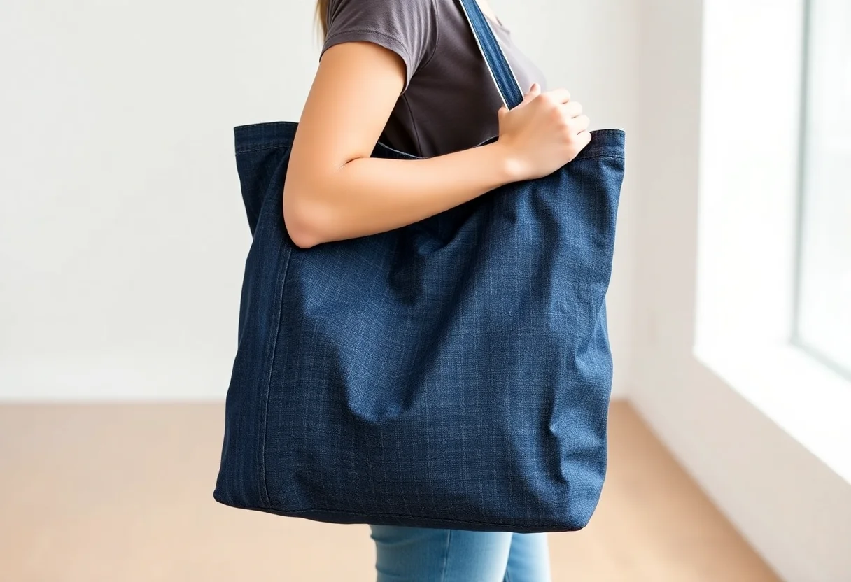 A durable and spacious upcycled denim tote bag.