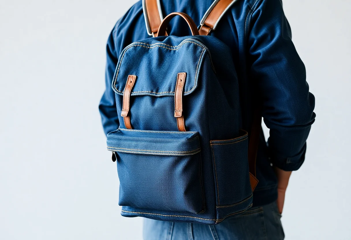 A handcrafted denim backpack made from recycled materials.