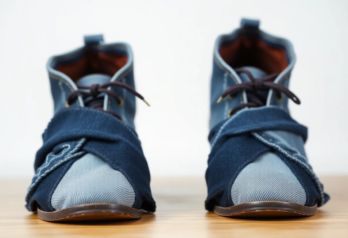 A pair of unique shoes partially crafted from upcycled denim fabric.