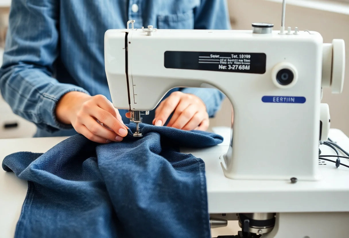 A person sewing denim fabric on a white industrial sewing machine