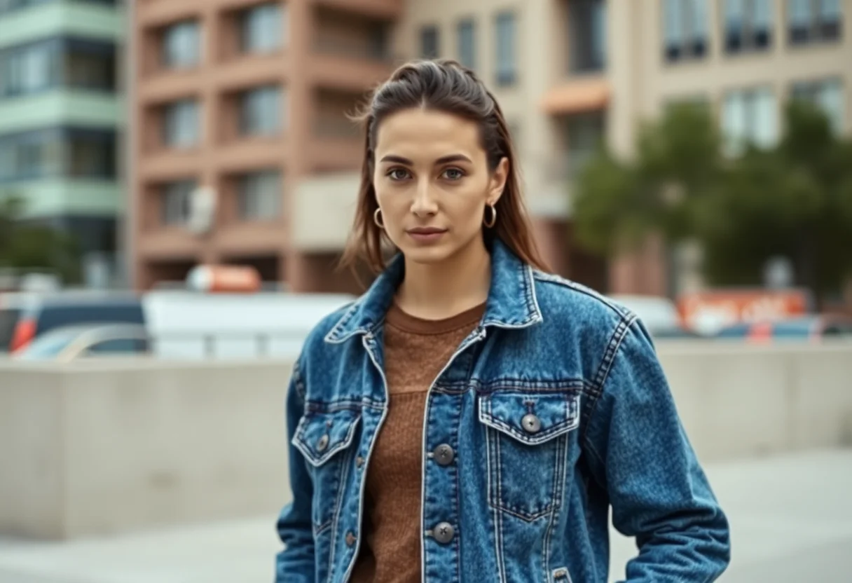 A person wearing a stylish upcycled denim jacket against an urban background.