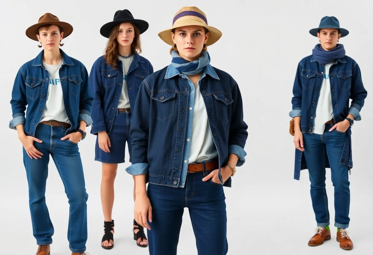 A person wearing various pieces of upcycled denim clothing and accessories, showcasing a complete sustainable look.