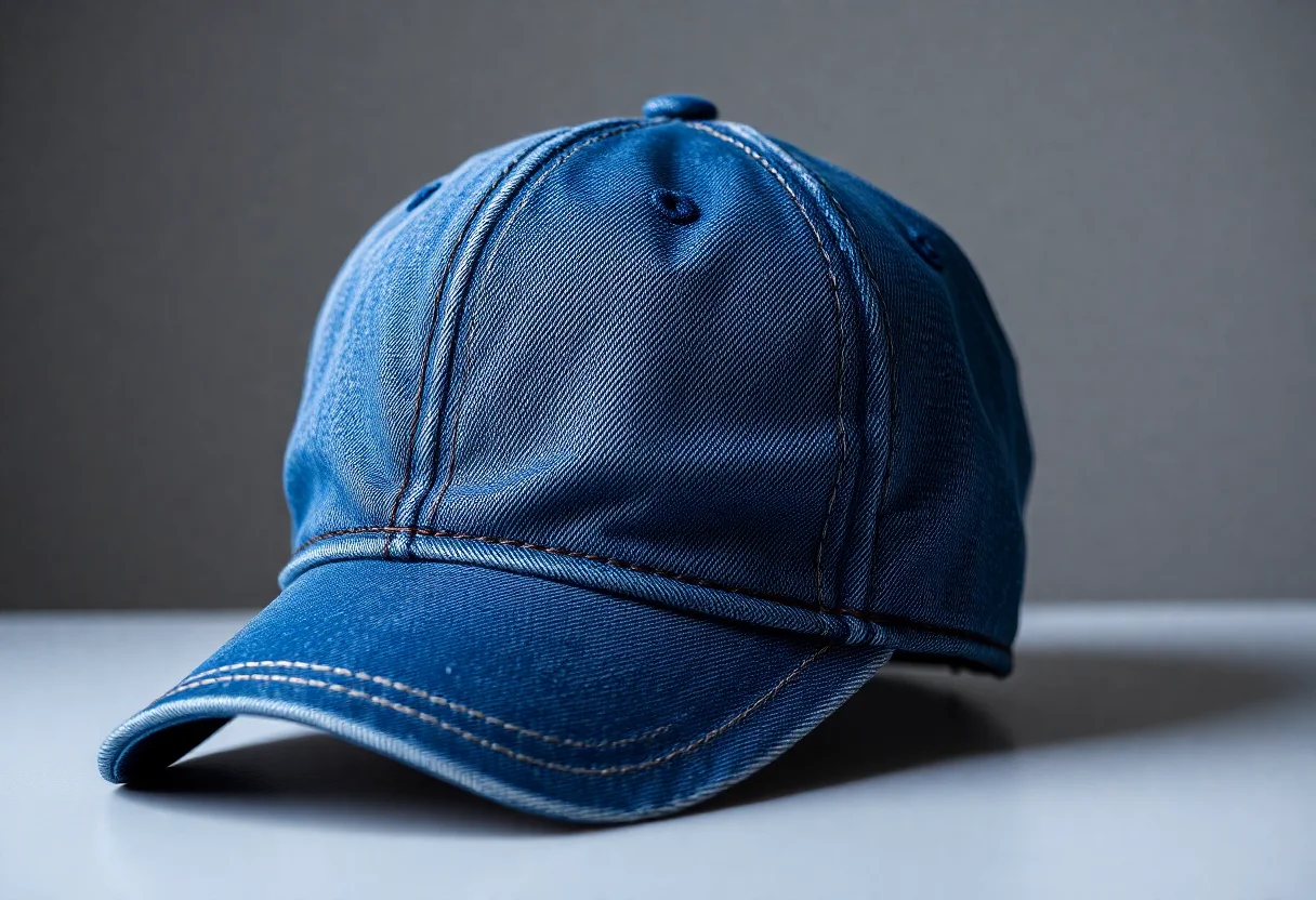 A stylish baseball cap made entirely from recycled denim pieces.