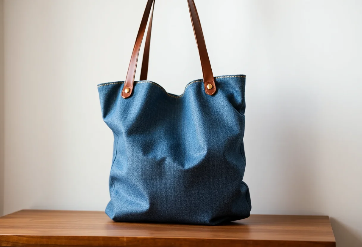 A stylish upcycled denim tote bag with leather straps.