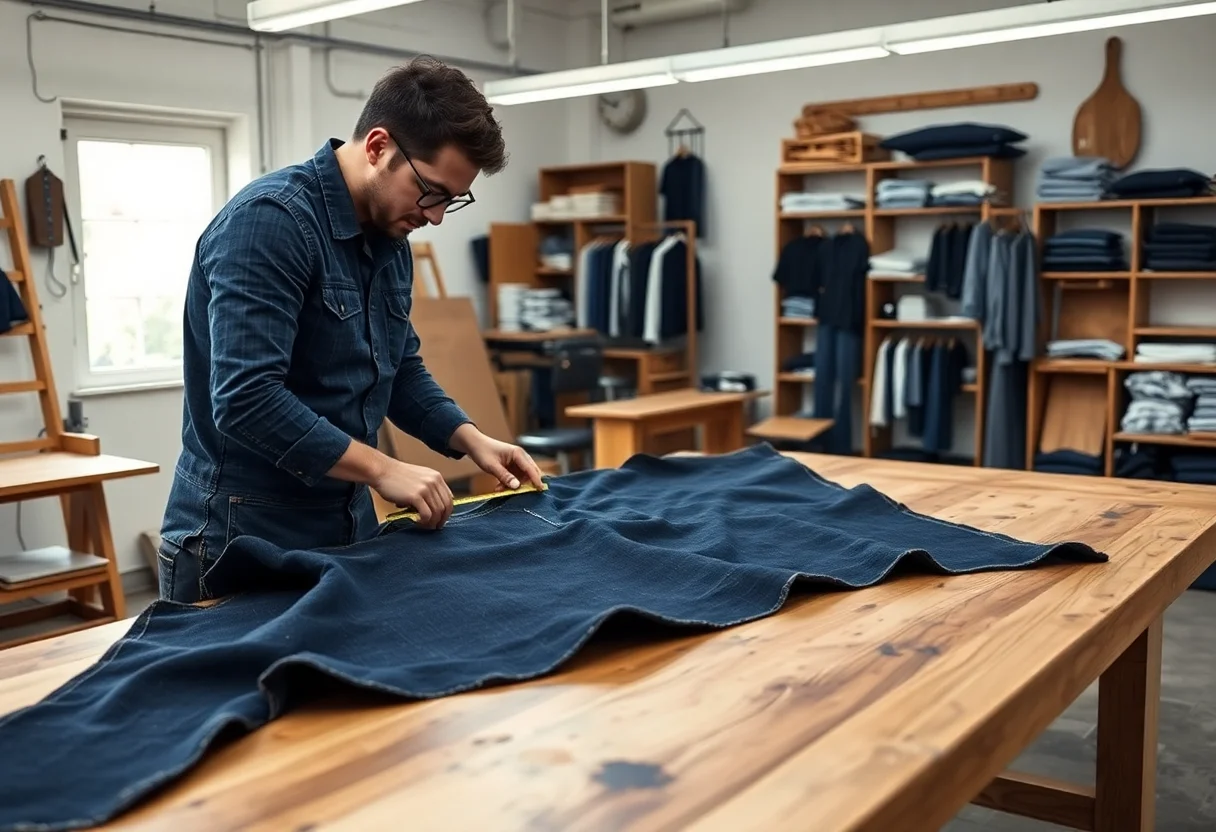 A tailor measuring and cutting denim fabric on a large wooden table in a well-lit workshop.