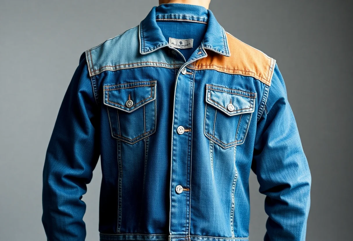A unique patchwork denim jacket made from different shades of blue jeans.