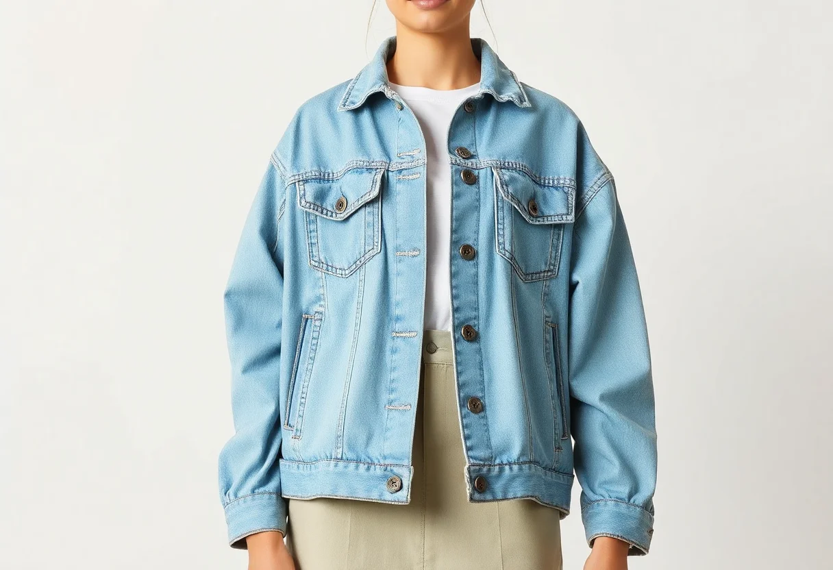 An oversized, light-wash upcycled denim jacket.