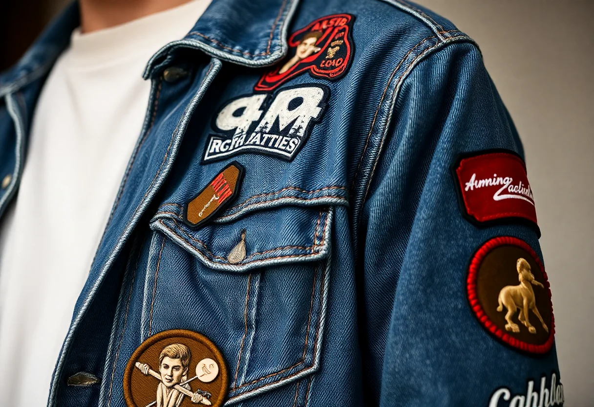 Close-up detail of a custom patched denim jacket.