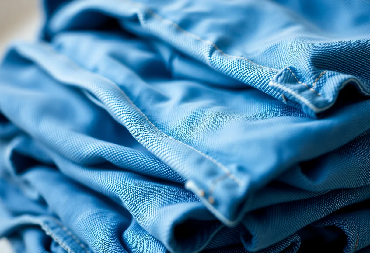 Close up detail of piled blue denim jeans showcasing different textures and shades