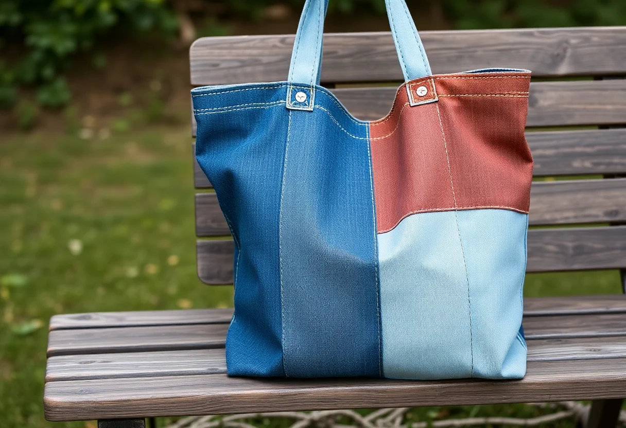 Handcrafted tote bag made from different shades of recycled denim resting on a wooden bench.
