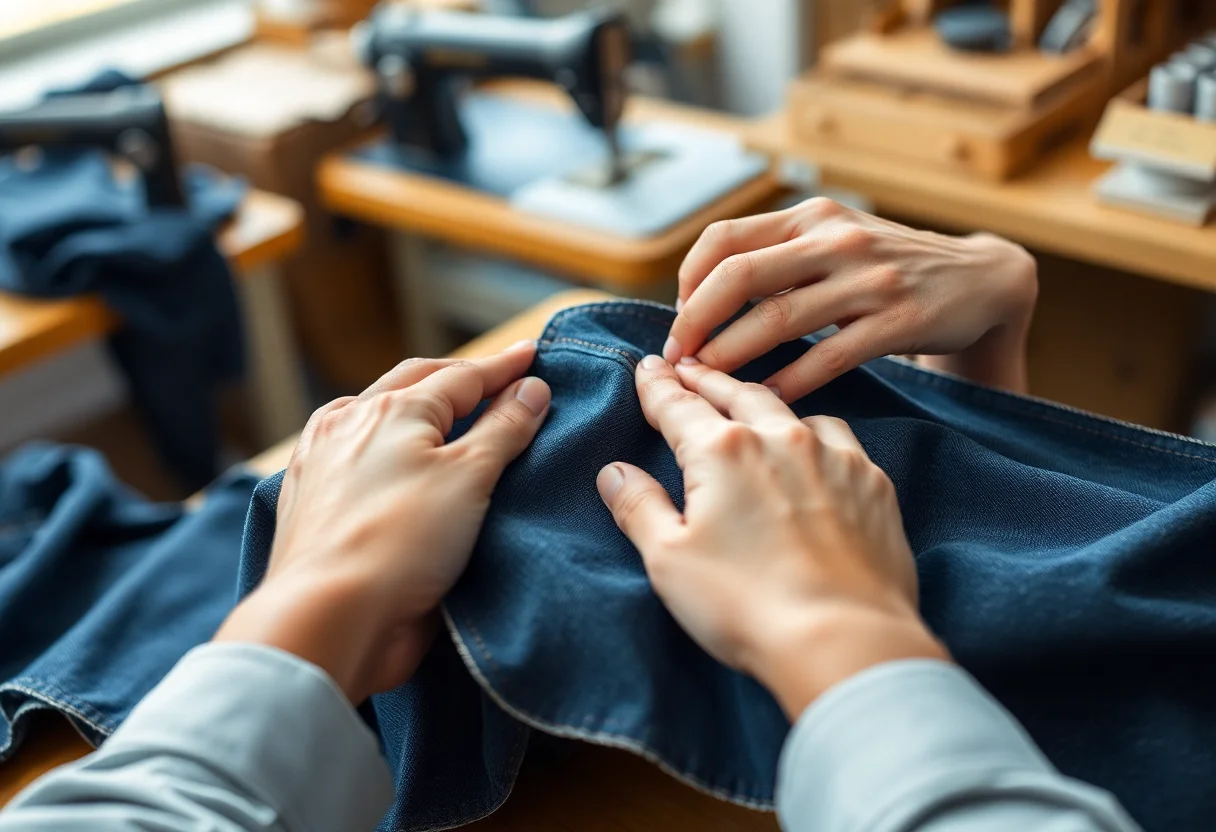 Hands of a tailor meticulously sewing pieces of denim fabric together in a workshop.