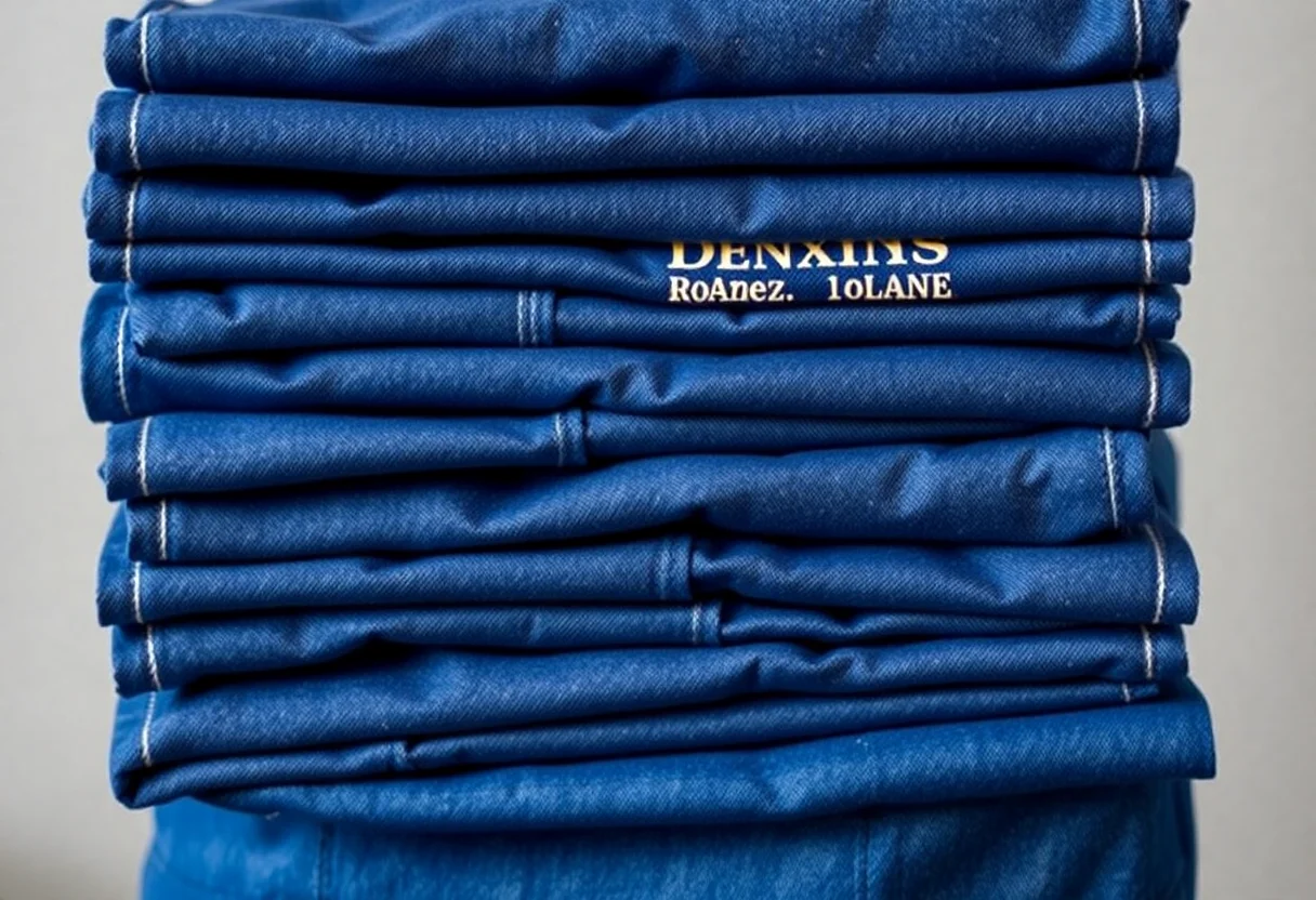 Stack of custom branded denim aprons neatly folded for a corporate client.