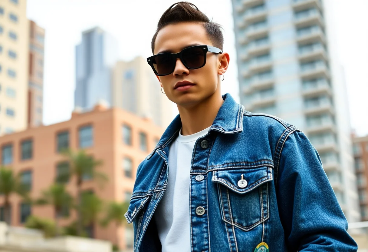 Stylish person wearing a unique upcycled denim jacket against an urban backdrop.