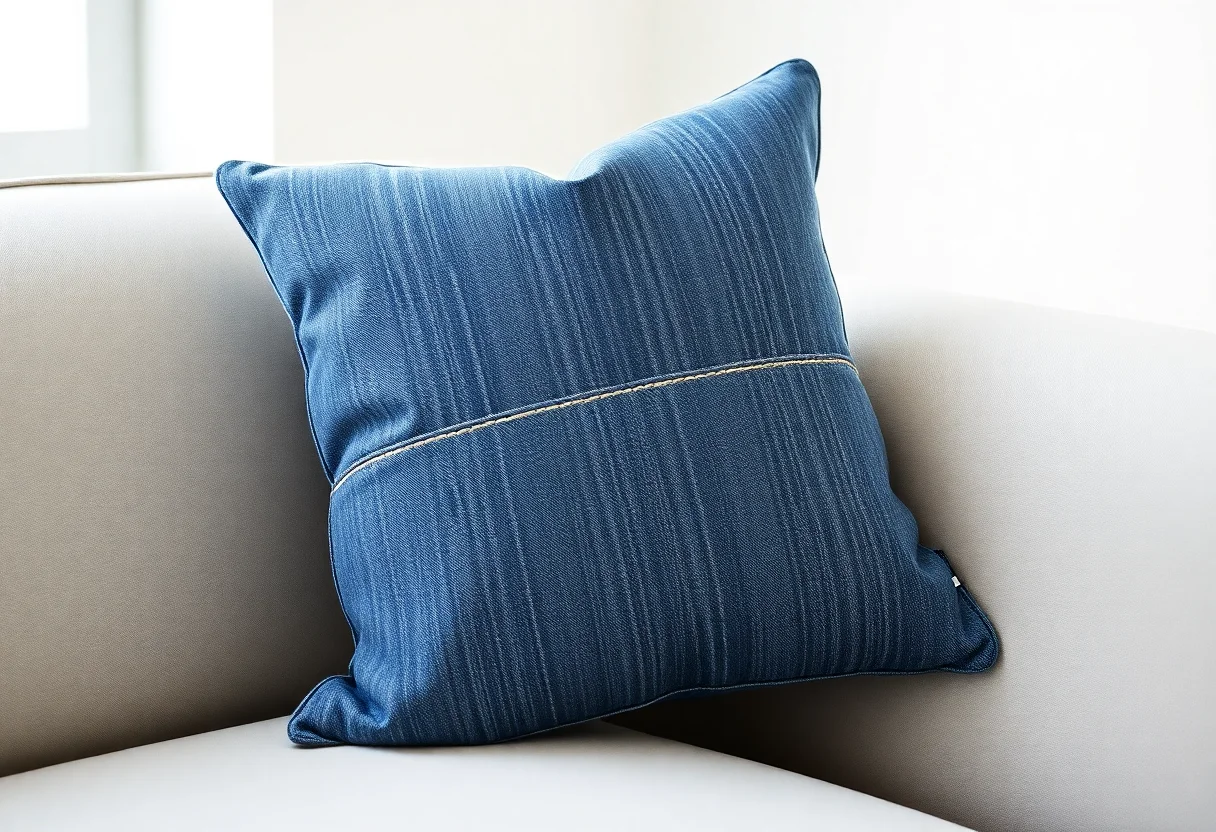 Unique denim cushion with intricate stitching on a modern minimalist sofa.