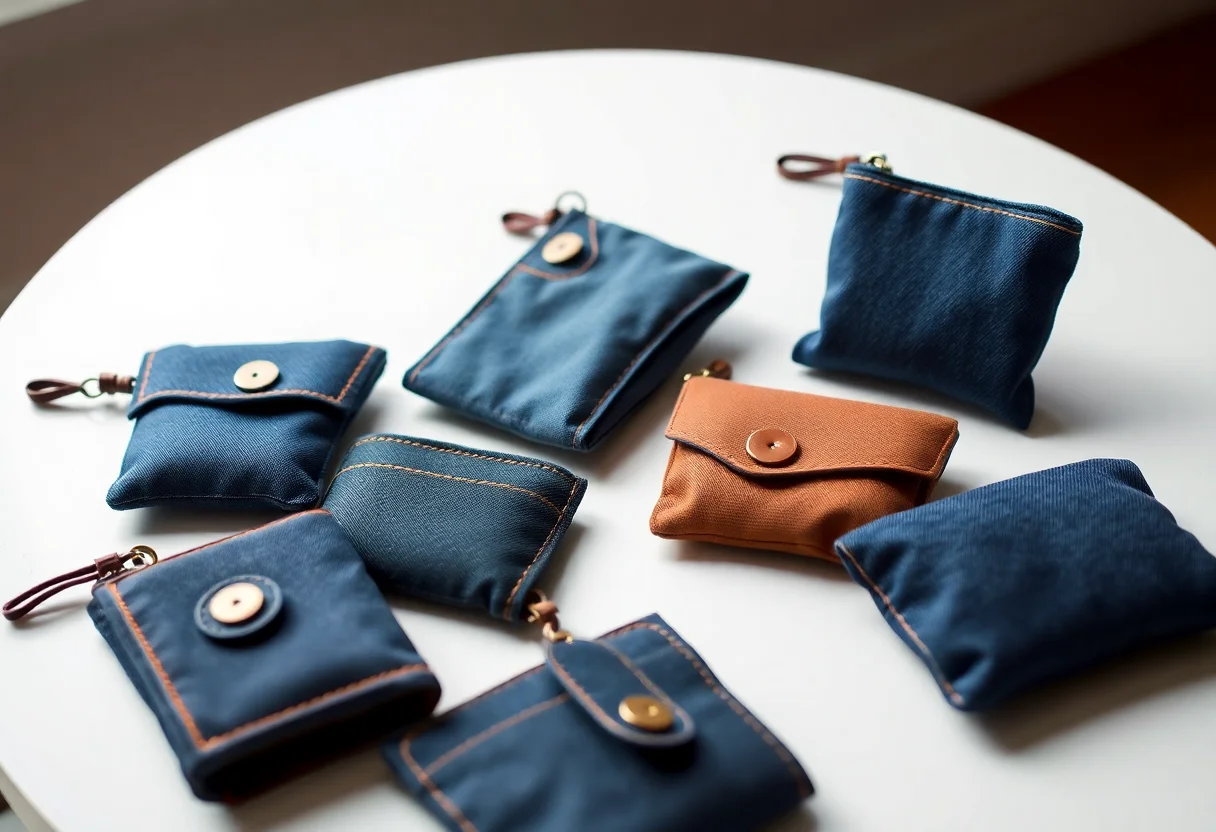 Various small upcycled denim accessories like wallets and pouches displayed neatly.