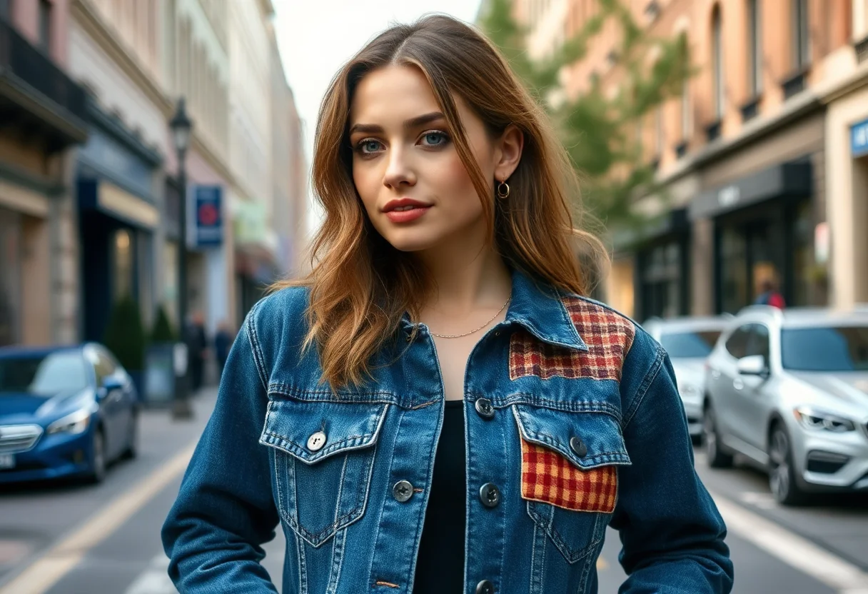Woman wearing a stylish upcycled patchwork denim jacket in a city street.